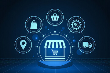 Digital retail and e commerce concept with glowing icons on dark background