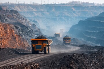 Large dump trucks haul coal in an open pit mine on a dusty road. It represents resource extraction, industry, and energy production.