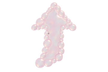 Transparent pink bubble arrow pointing upward made from shiny glossy spheres on white background