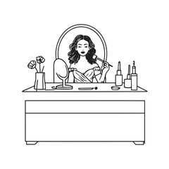 Black and white line art of a beautiful woman doing makeup at dressing table with mirror illustration