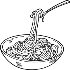 Hand drawn style illustration of a delicious bowl of spaghetti with sauce and noodles