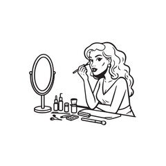 Black and white line art of a beautiful woman doing makeup at dressing table with mirror illustration
