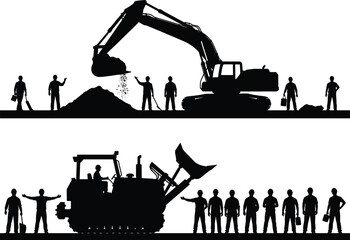 Construction workers with heavy machinery, excavator and bulldozer equipment, teamwork, industry development, building site, contractor labor, infrastructure project vector illustration.