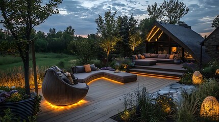 Illuminated modern outdoor deck and sunken living area with seating and ambient lighting at dusk
