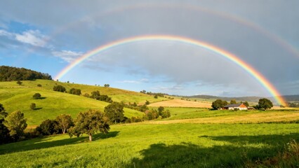 Fototapeta premium A vibrant rainbow arches across a picturesque landscape of rolling hills, lush green meadows, and a rustic farmhouse, painting a scene of idyllic beauty.