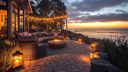 Patio at dusk with ocean view fire pit string lights and lanterns Outdoor