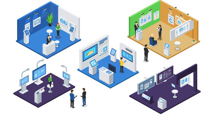 Obraz premium Isometric digital office spaces with interactive screens and modern design elements