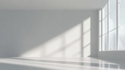 Empty minimalist room with sunlight streaming through large windows