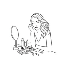 Black and white line art of a beautiful woman doing makeup at dressing table with mirror illustration