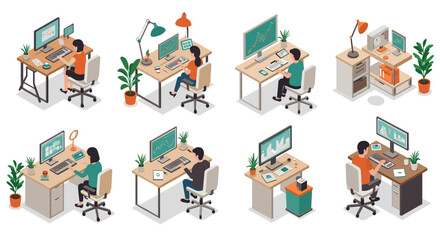 Modern office workstations with isometric design and trendy interior elements