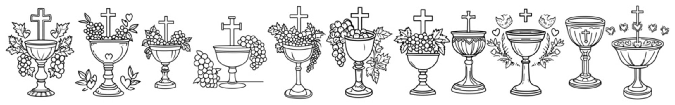 Christian First Communion Chalice and Grapes Icons Set black shape vector laser cutting engraving monochrome print