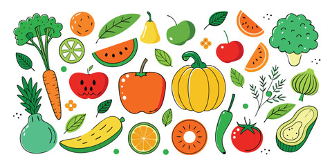 Obraz premium Vibrant collection of fresh fruits and vegetables hand drawn style art