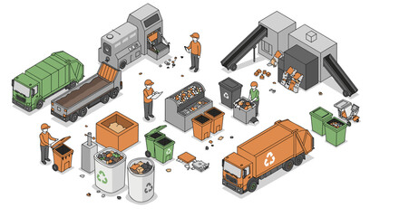Isometric waste management and recycling facility with trucks and workers