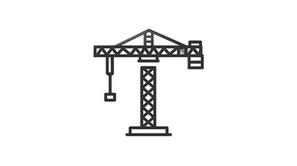 A minimalist line drawing of a tower crane, showcasing its structure with a jib, counterweight, vertical tower, and base.  The image is simple, clean, 