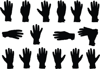 Silhouette set of glove hand gestures, black gloves vector icons, protective handwear illustrations, safety glove symbols, winter gloves design, isolated hand positions