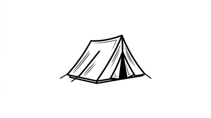Hand-drawn illustration of a simple A-frame tent, showing a slightly open flap, resting on the ground with lightly sketched lines indicating the base