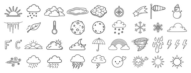 Hand Drawn Weather Forecast Doodle Icons Set