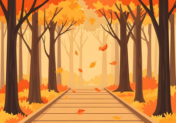 Autumn Path A Scenic Illustration of a Wooden Pathway Through a Colorful Forest in Fall Season