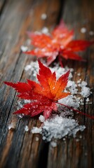 Calm scene with red maple leaves and crystalized snow on brown wood, balanced lighting, no text or logo