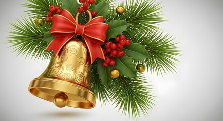 Golden christmas bell with red bow and pine branches