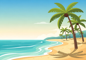 Obraz premium Beautiful Beach Scene with Palm Trees, Waves, and Blue Sky on a Sunny Day for Travel and Vacation