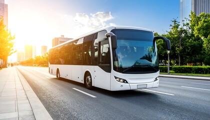 White bus on city street at sunrise