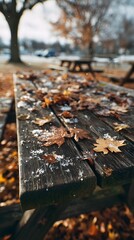 Wooden picnic table covered in leaves and snowflakes, morning light, no text or logo