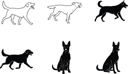 Silhouette and outline vector of dogs in various poses, ideal for pet design, animal themes, and creative illustration projects.