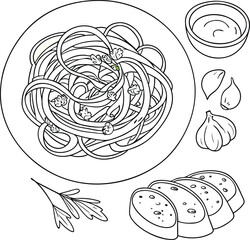 Delicious pasta with garlic bread on a plate for advertising