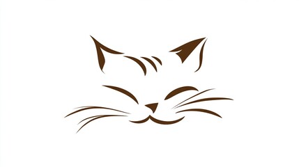 A minimalist brown line drawing of a cat's face, featuring a smiling expression, closed eyes, and subtly striped ears, set against a stark white background