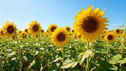 Obraz premium A vibrant field of sunflowers stretches out under a bright blue sky, showcasing the cheerful yellow blossoms.
