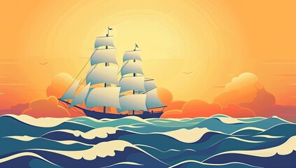 A stylized illustration depicts a three-masted sailing ship navigating a wavy ocean under a vibrant sunset