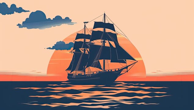 A stylized illustration of a three-masted sailing ship silhouetted against a large, setting sun over calm ocean waters, with muted orange and dark blue tones - Powered by Adobe