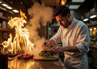 Gourmet chef crafting elegant burger in culinary kitchen with dramatic flaming effects for fine dining concept