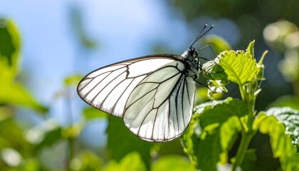 White butterfly on green leaves