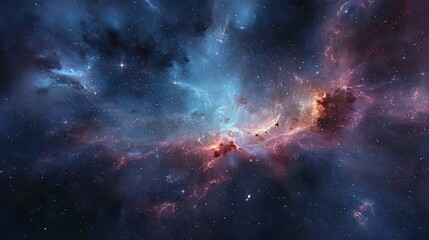 Fototapeta premium Vast cosmic nebula with glowing gas clouds and star formations in deep space
