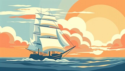 A three-masted sailing ship glides across a calm sea under a vibrant sunset, its sails full, against a backdrop of stylized clouds and a large sun