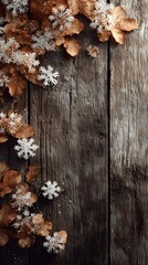 Minimalist vertical image of snowflake clusters and dry leaves on raw wooden planks, no text or logo
