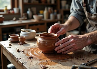 Craftsmanship in action: pottery creation in sunlit studio for art enthusiasts and designers