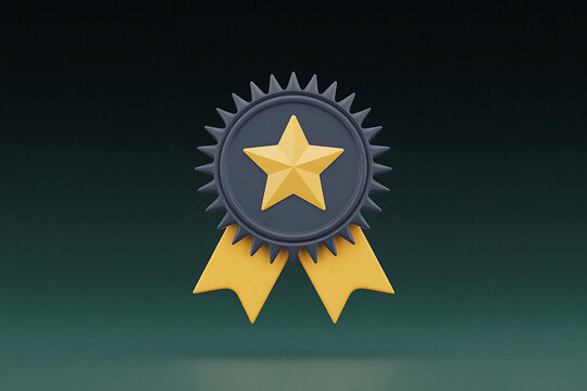 Golden star award ribbon with blue seal on dark background