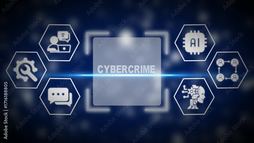 Poster cybercrime concept with ai and network icons in a digital network technology
