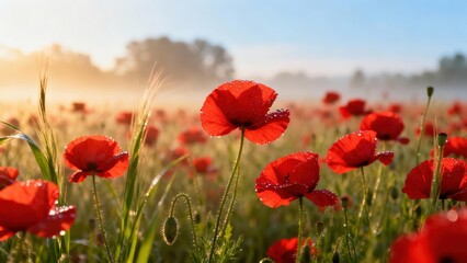 Fototapeta premium A vibrant field of red poppies, glistening with morning dew, stretches into a hazy, sun-drenched landscape.