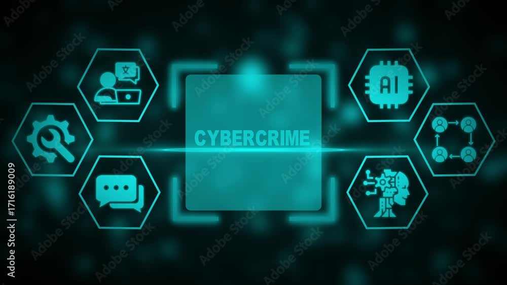 Poster cybercrime concept with ai and network icons in teal on a dark blurred background cybersecurity inte