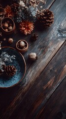 Aesthetic fall and winter elements arranged on antique wooden floor, cinematic contrast, no text or logo