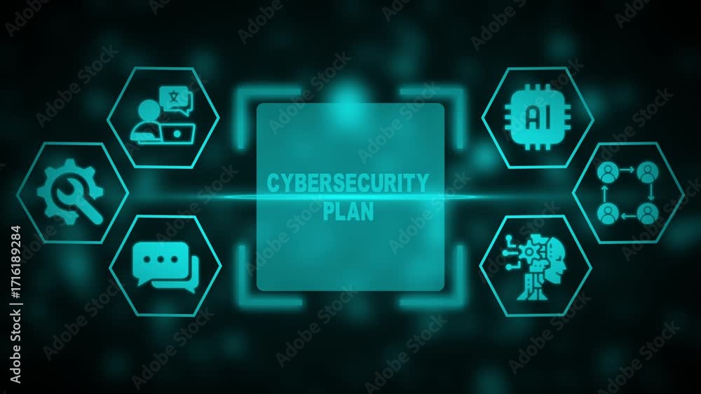 Poster cybersecurity plan concept with ai and network icons in teal on a dark blurred background strategy p