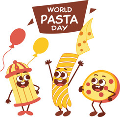 Happy cartoon pasta characters celebrating together around the world