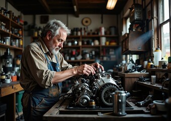 Vintage workshop scene: elderly craftsman restoring classic engine in rustic garage setting