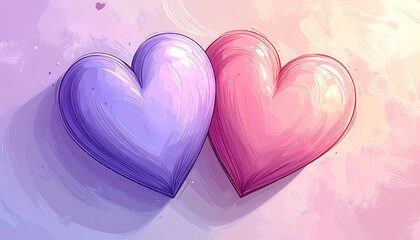 Two painted heart illustration in purple and pink with soft brush texture and warm romantic light, tender mood and cozy shadow