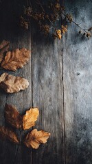 Aesthetic fall and winter elements arranged on antique wooden floor, cinematic contrast, no text or logo