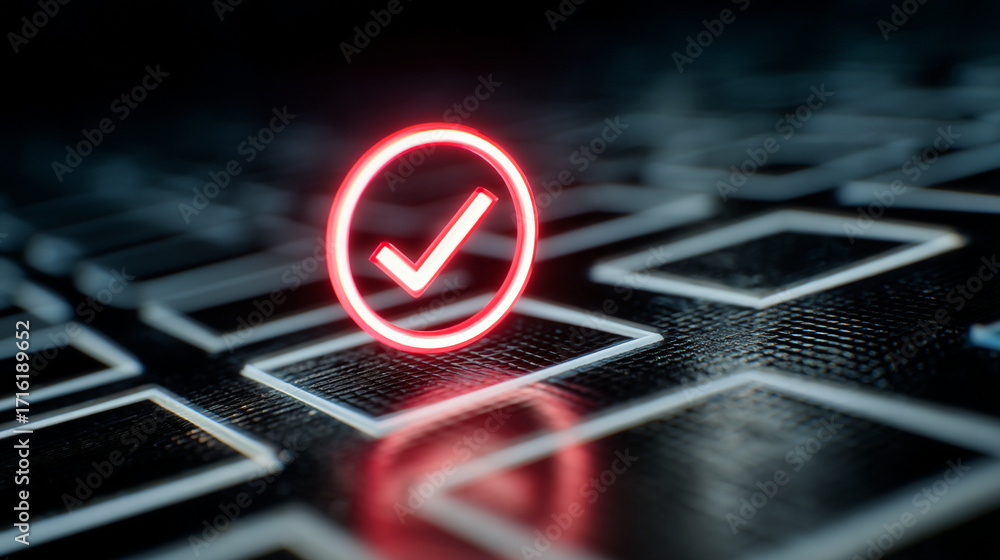 Poster a glowing red check mark on a dark surface with geometric pattern elements
